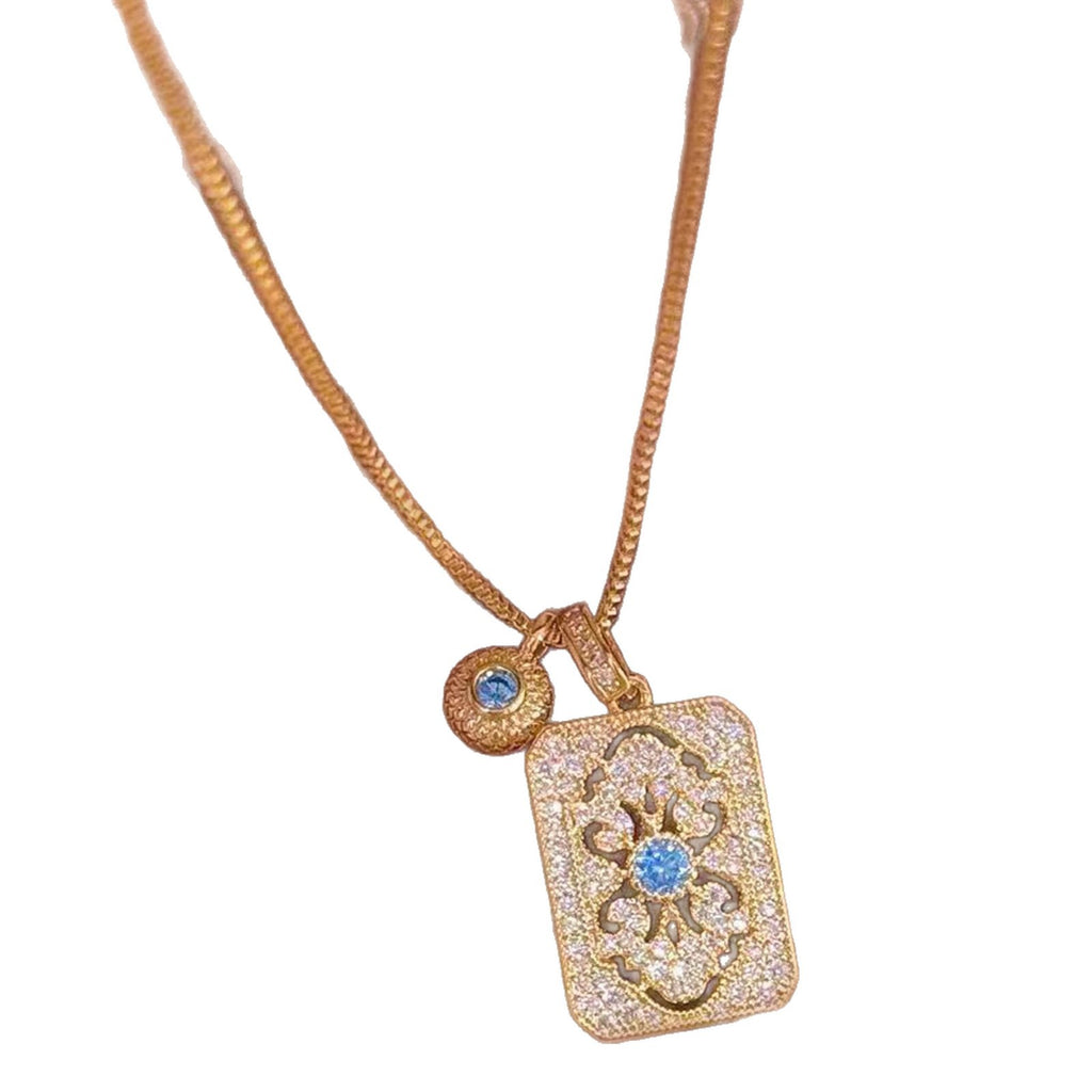Square Plain Pendant Necklace with Shiny Zircon, Luxury Minimalist Geometric Clavicle Chain All-match Women Jewelry