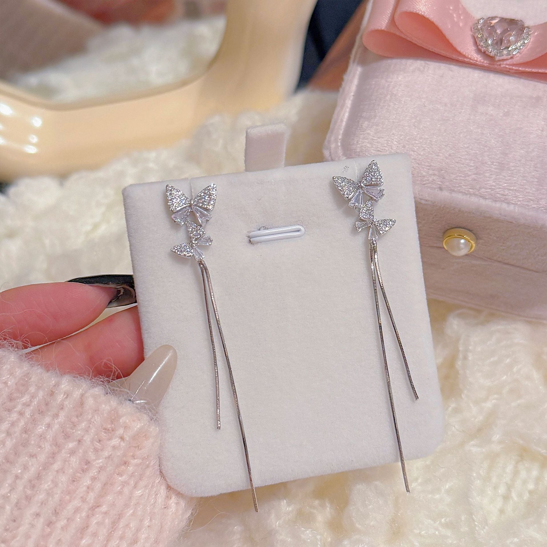 S925 Silver Double Butterfly Tassel Earrings Elegant Ladies Drop Studs
