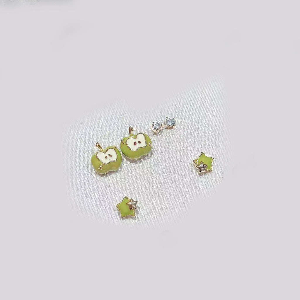 Fresh Green Apple Stud Earrings Three-piece Set, Literary Style Luxury Exquisite Ear Jewelry, Cute Elegant All-match Temperament Earrings