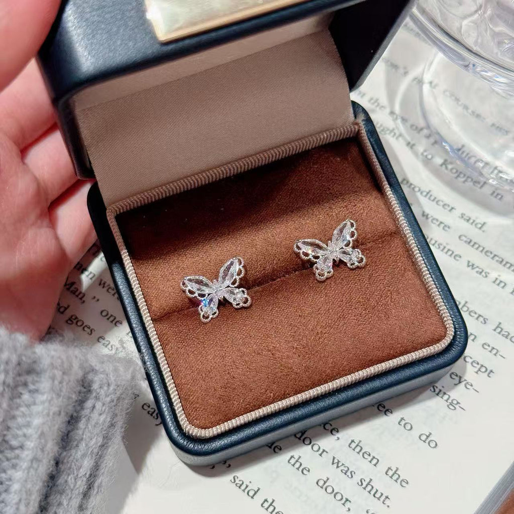 Spring New Lace Butterfly Stud Earrings, Sparkling Luxury 925 Sterling Silver Needle Earrings, Exquisite Elegant Fashion Ear Jewelry