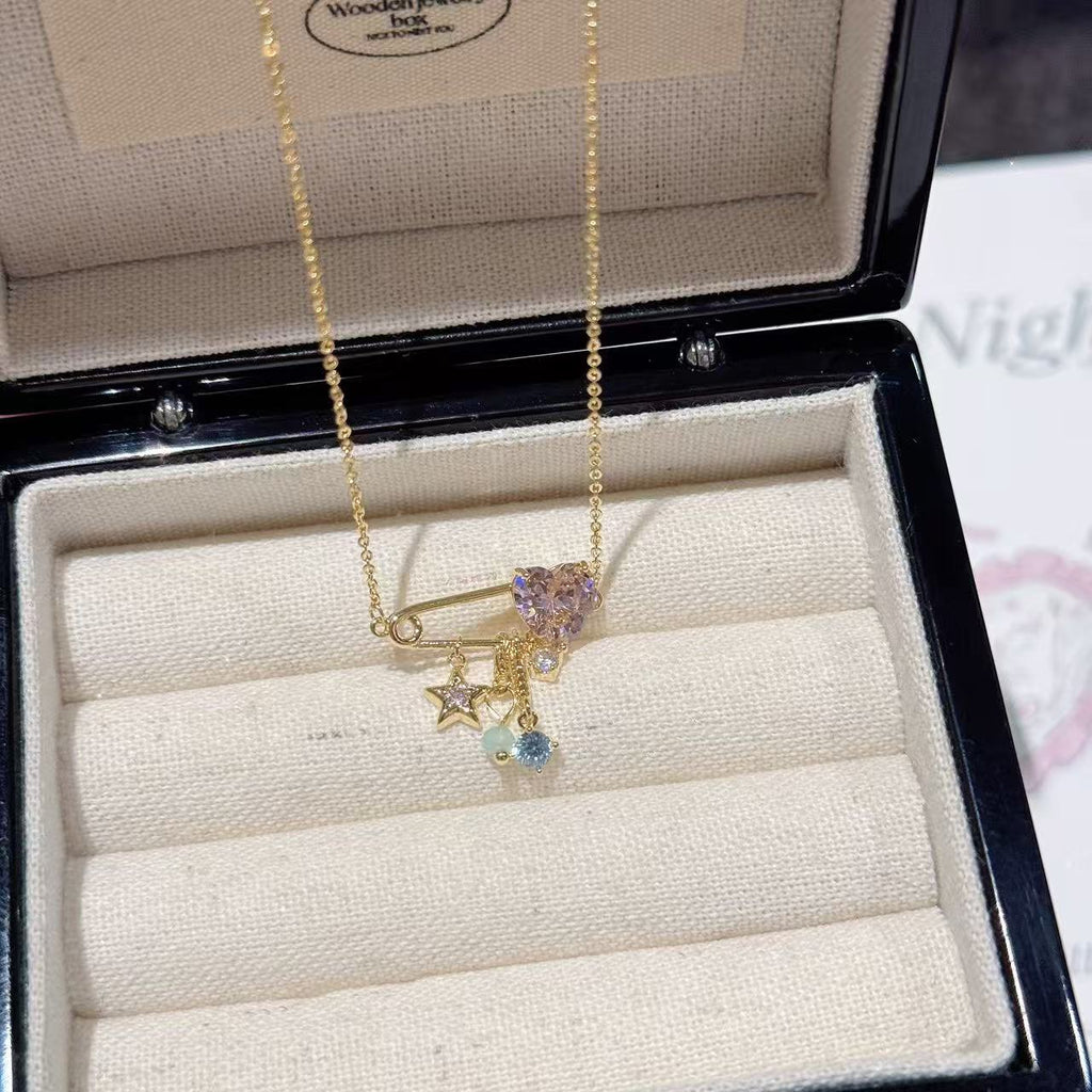 Sparkling Zircon Heart Paperclip Star Necklace Elegant Luxury Sweet Clavicle Chain