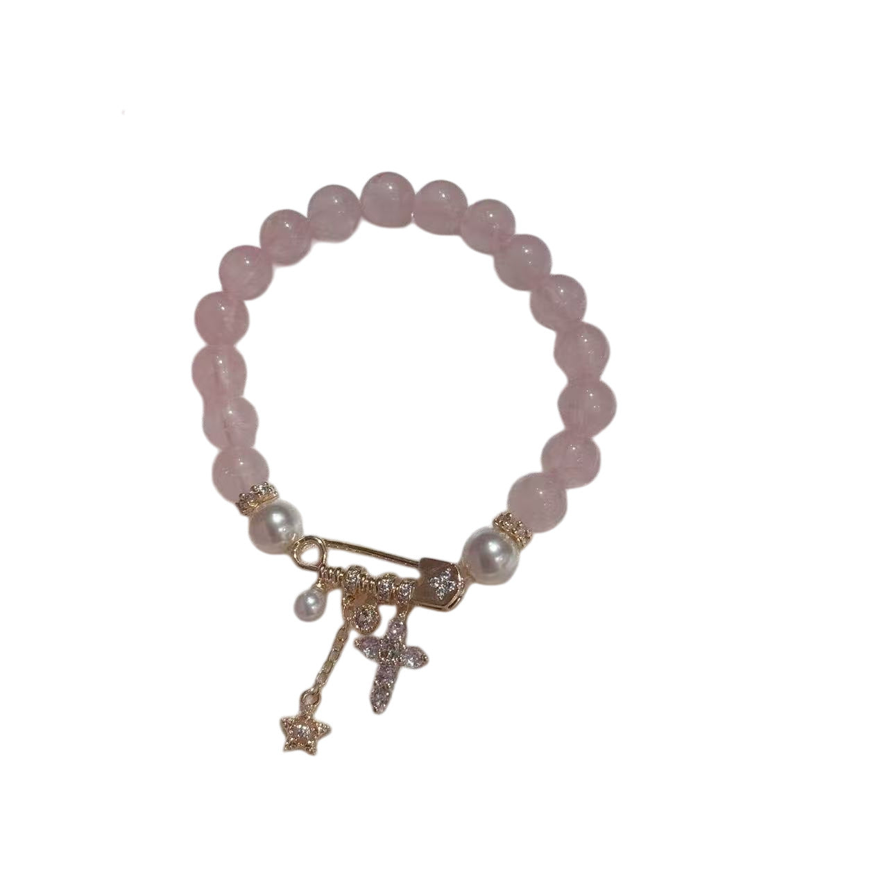 Pearl Safety Pin Bracelet with Cross Star Pendant, Luxury Niche Elegant Wrist Jewelry, Exquisite All-match Temperament Bracelet