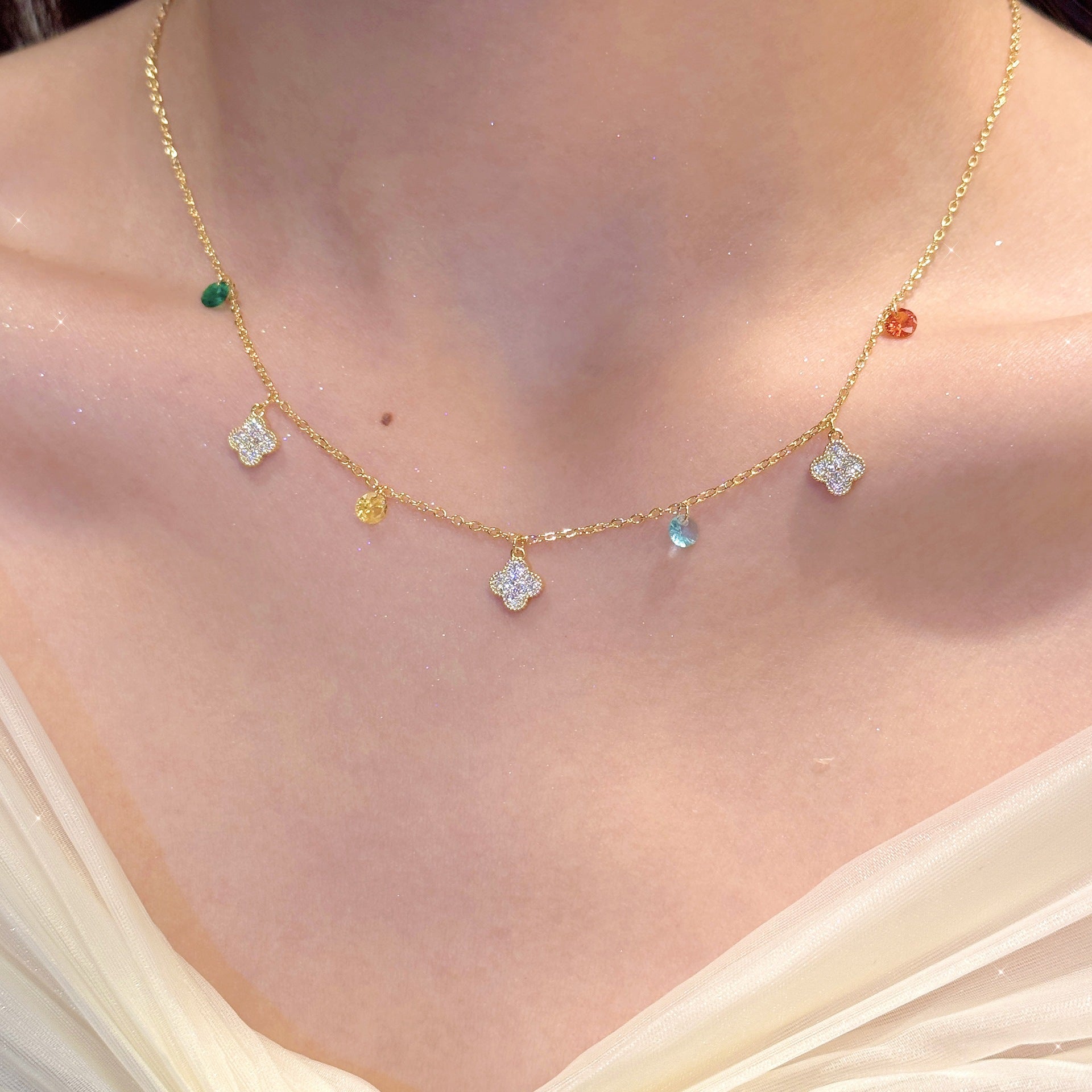 Four Leaf Clover Rainbow Zircon Necklace, Elegant Delicate Light Luxury Women Daily Jewelry
