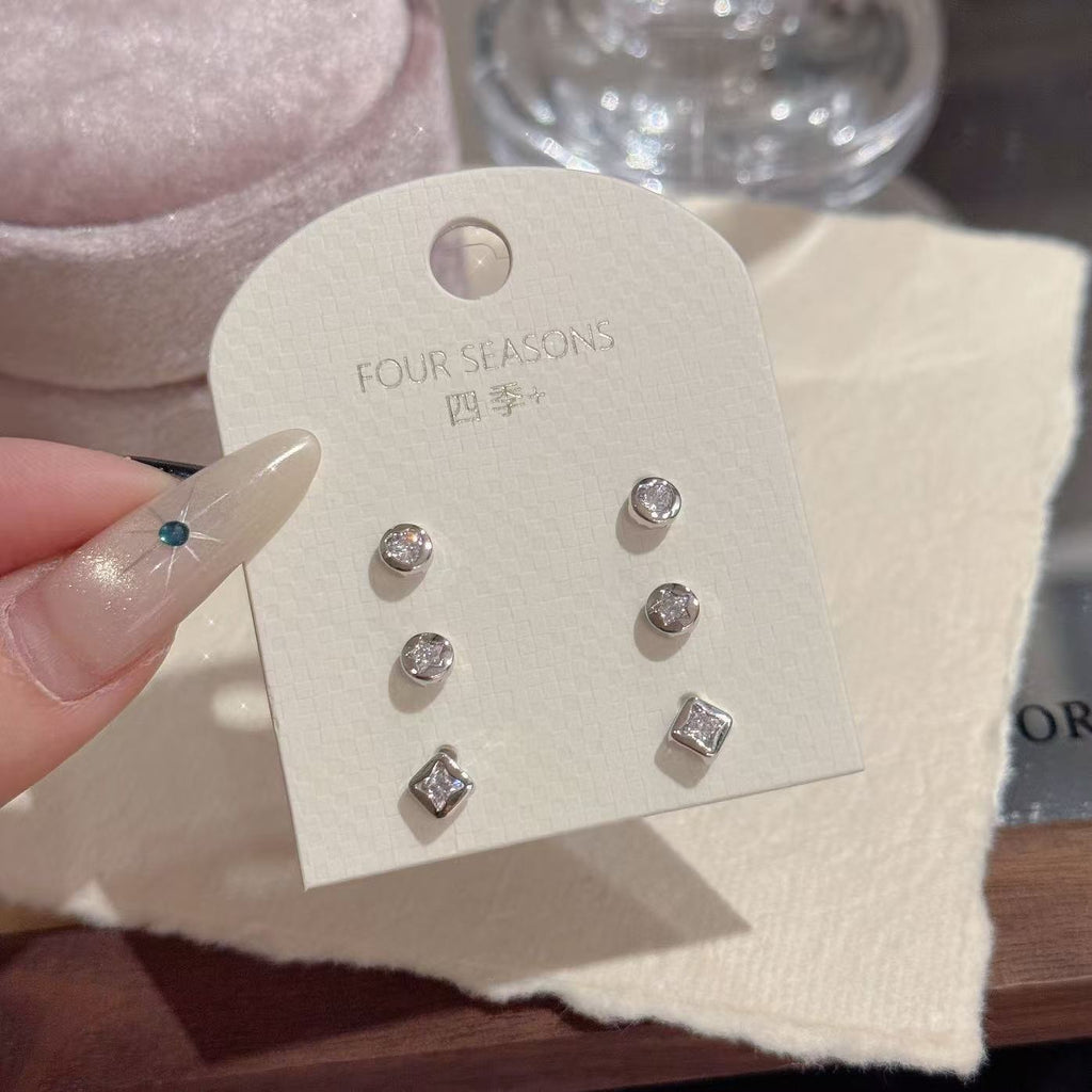 Minimal Luxury 3 Styles Geometric Stud Earring Set, Dainty Elegant All-Match Women Multi-Pack Fine Ear Jewelry