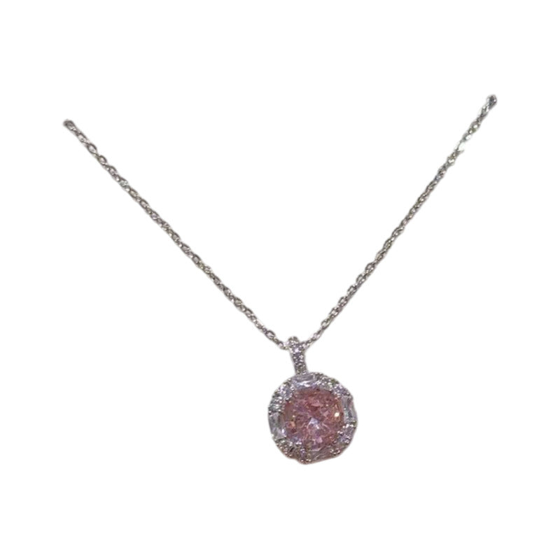 Sweet Pink CZ Cube Pendant Necklace Luxury Niche Everyday Clavicle Chain