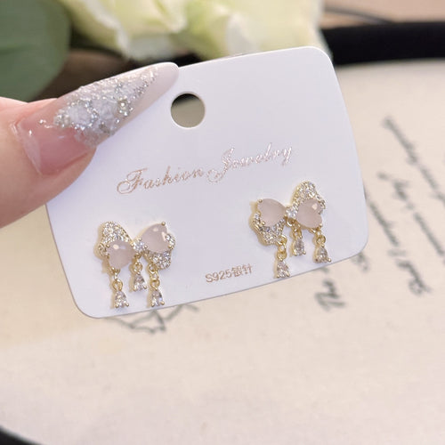 Bow Stud Earrings, Luxury Elegant Invisible Thread Earrings, S925 Silver Needle Minimalist Women Ear Jewelry Set