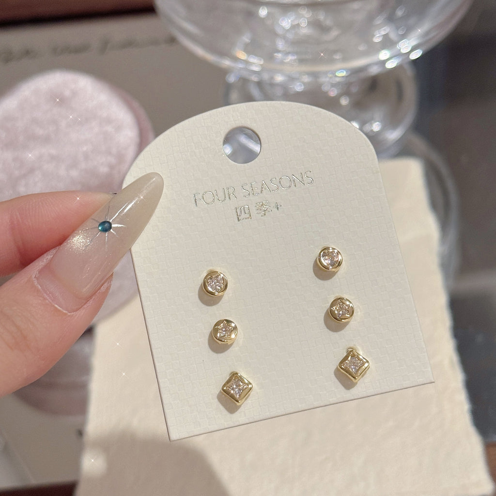 Minimal Luxury 3 Styles Geometric Stud Earring Set, Dainty Elegant All-Match Women Multi-Pack Fine Ear Jewelry