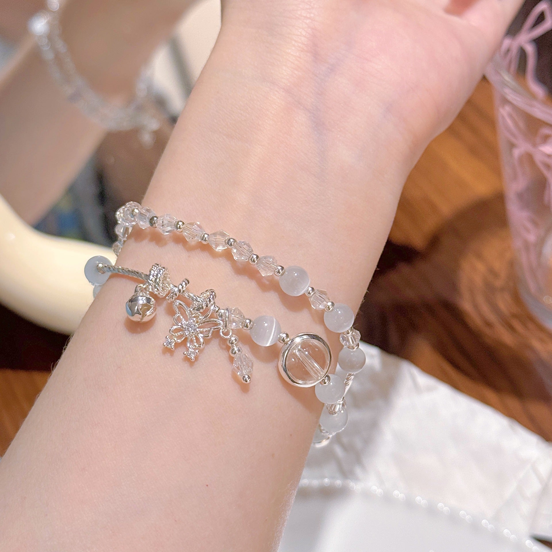Cat's Eye Butterfly Double Circle Bracelet, Elegant Skin Brightening Hand Chain