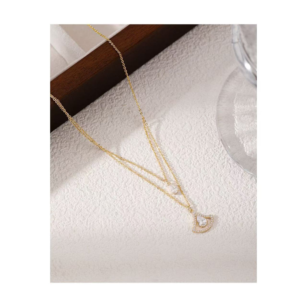 Double Layer Stackable Ginkgo Leaf & Teardrop Cubic Zirconia Clavicle Necklace, Minimalist Luxury Niche Design All-Match Dainty Choker Jewelry