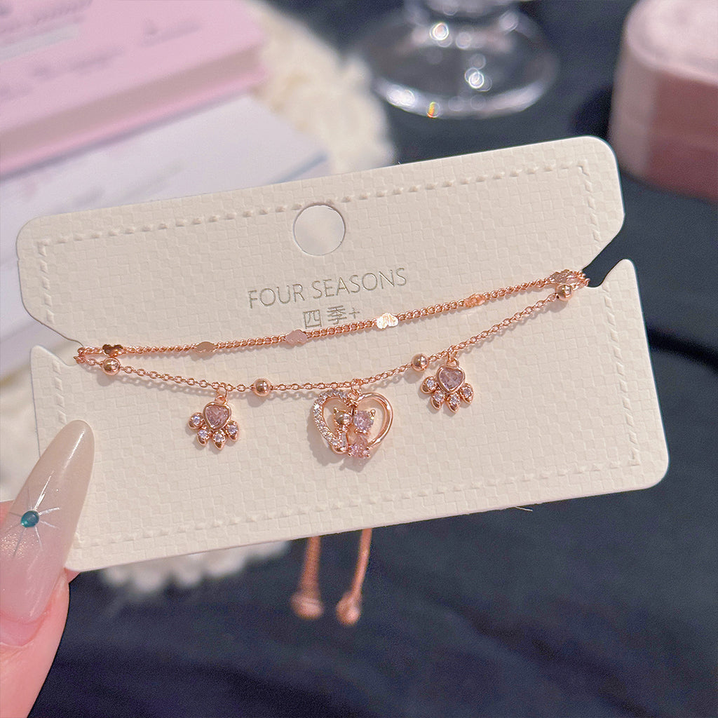 Sweet Cat Themed Double Chain Bangle, Lovely Heart Paw Design, Premium Fashion Wrist Accessories