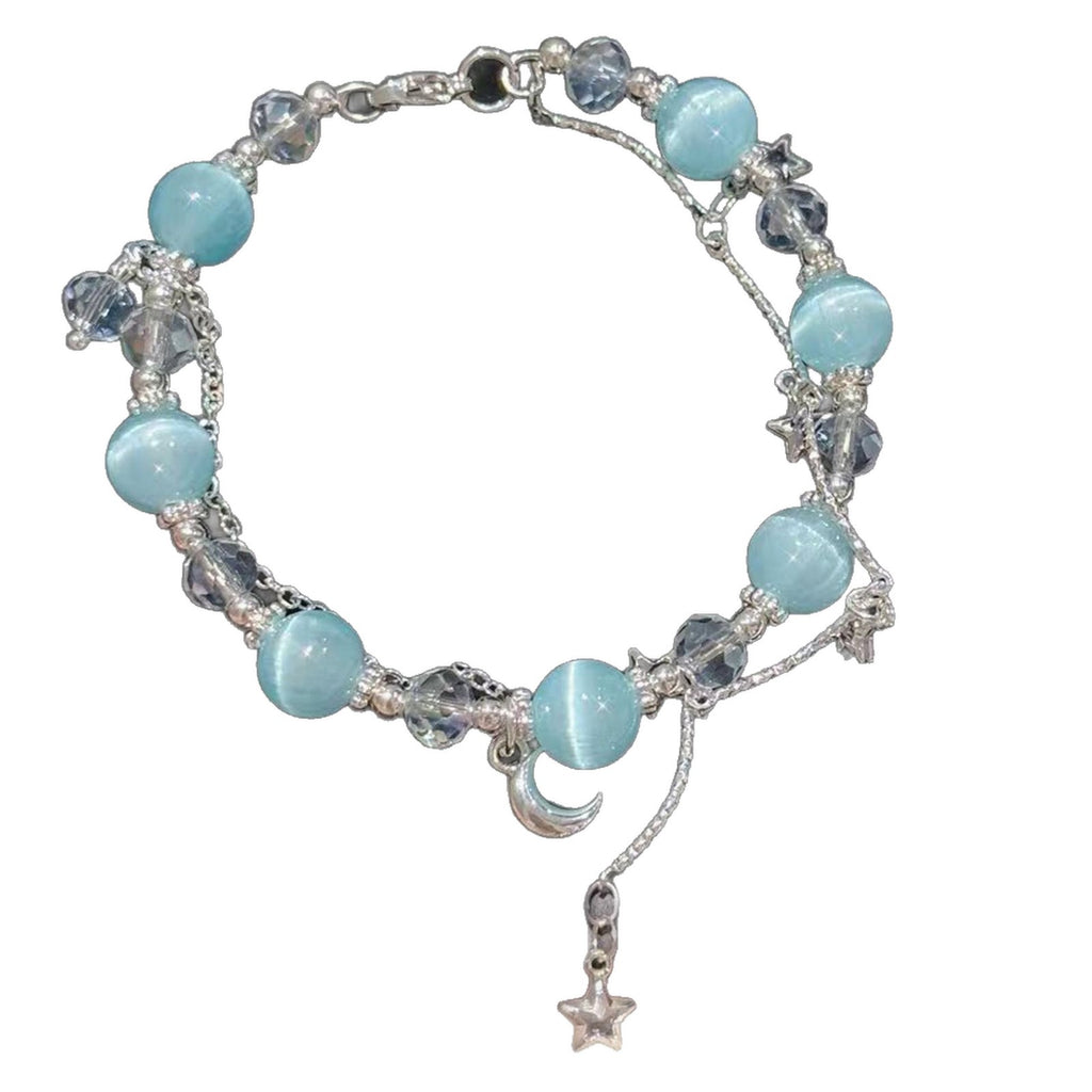 Aquamarine Cat's Eye Tassel Bracelet, Double Layer Stackable