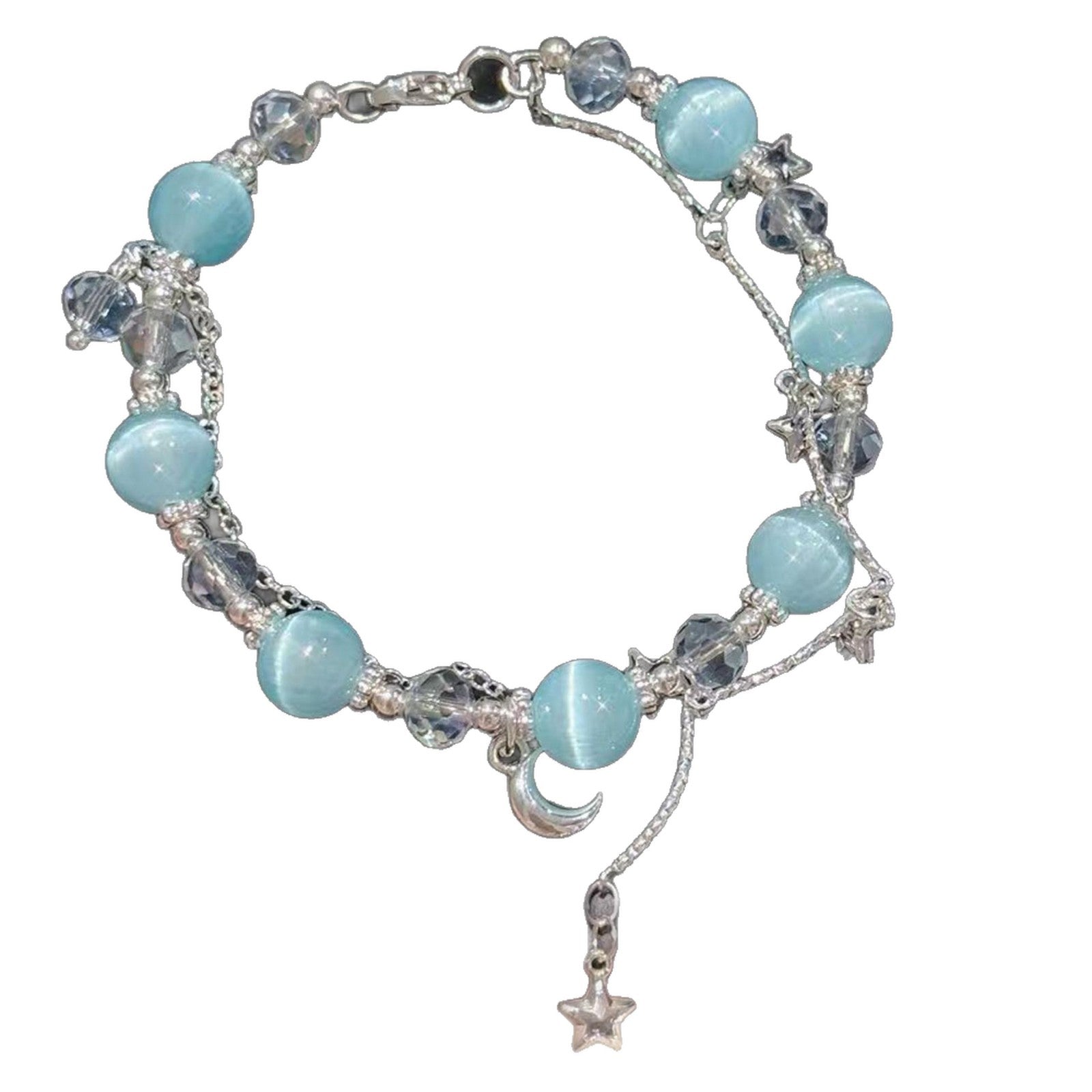 Aquamarine Cat's Eye Tassel Bracelet, Double Layer Stackable