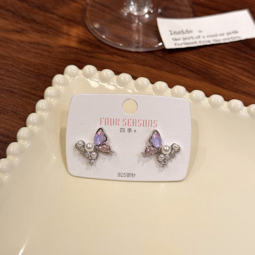 925 Silver Butterfly Stud Earrings Colorful Korean Fashion Ear Ornaments for Women