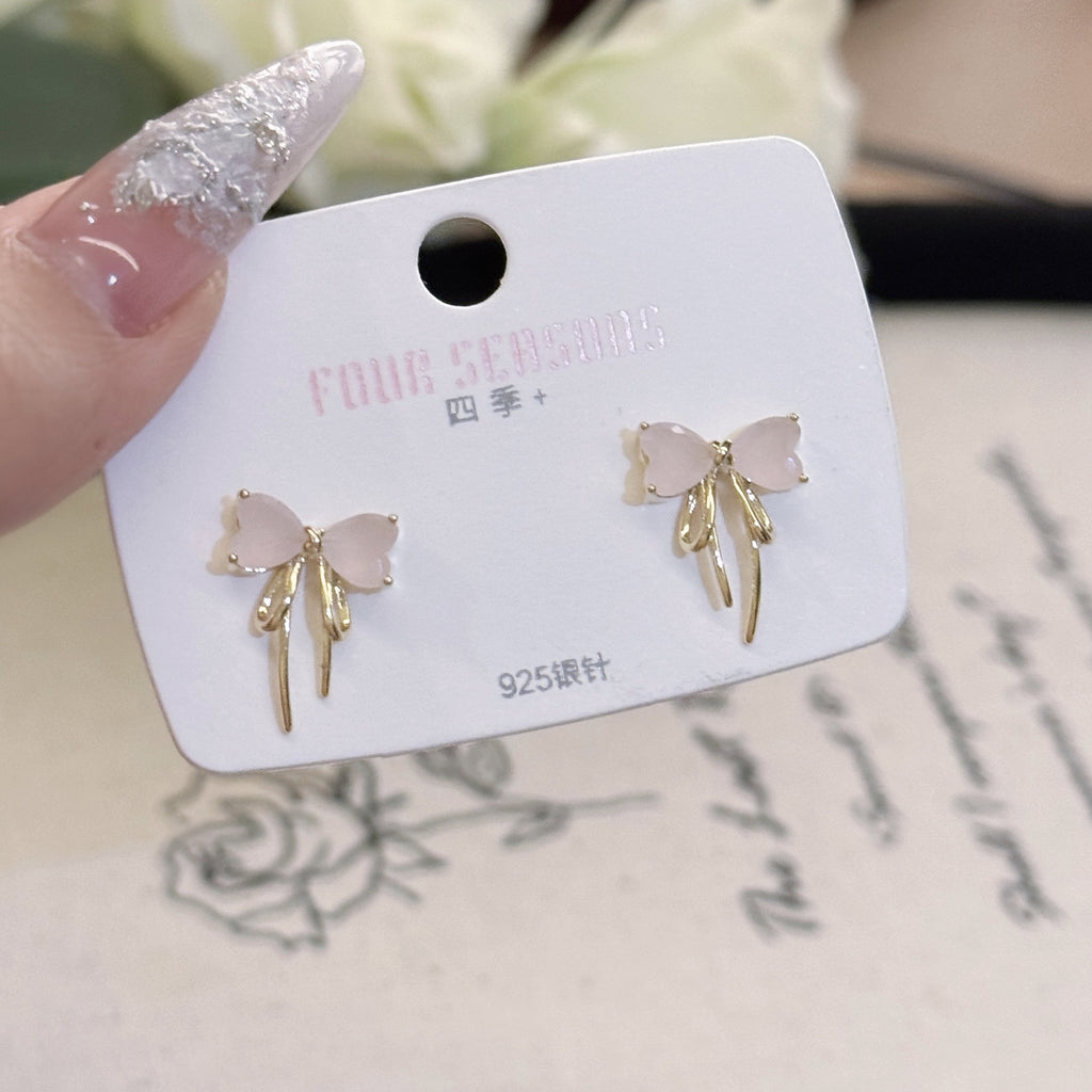 S925 Silver Elegant Bow Knot Minimal Stud Earrings Ladies Daily Earring