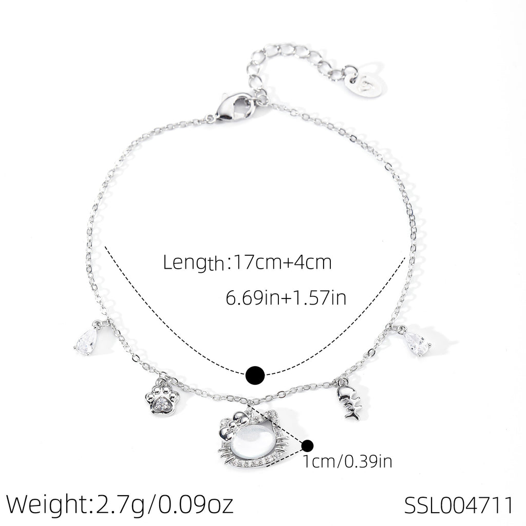 Cute Cat Charm Bracelet for Women, Dainty Korean Minimal Cubic Zirconia Bangle, Niche Luxury Sweet Daily Versatile Hand Jewelry