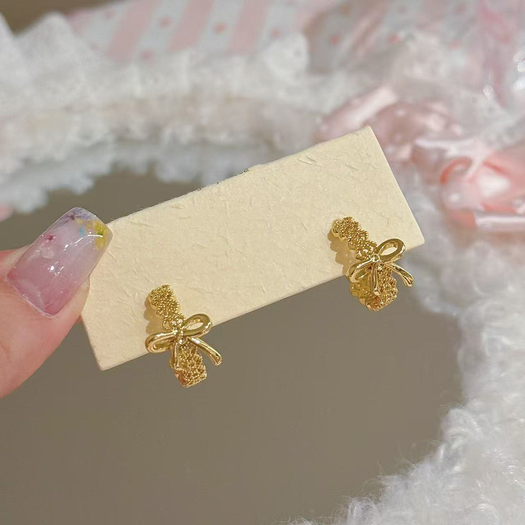 Bow Jewelry Set, Dainty Luxury Lace Trim Accessories, Sparkling Sweet Fresh Necklace Earrings Bracelet for Women