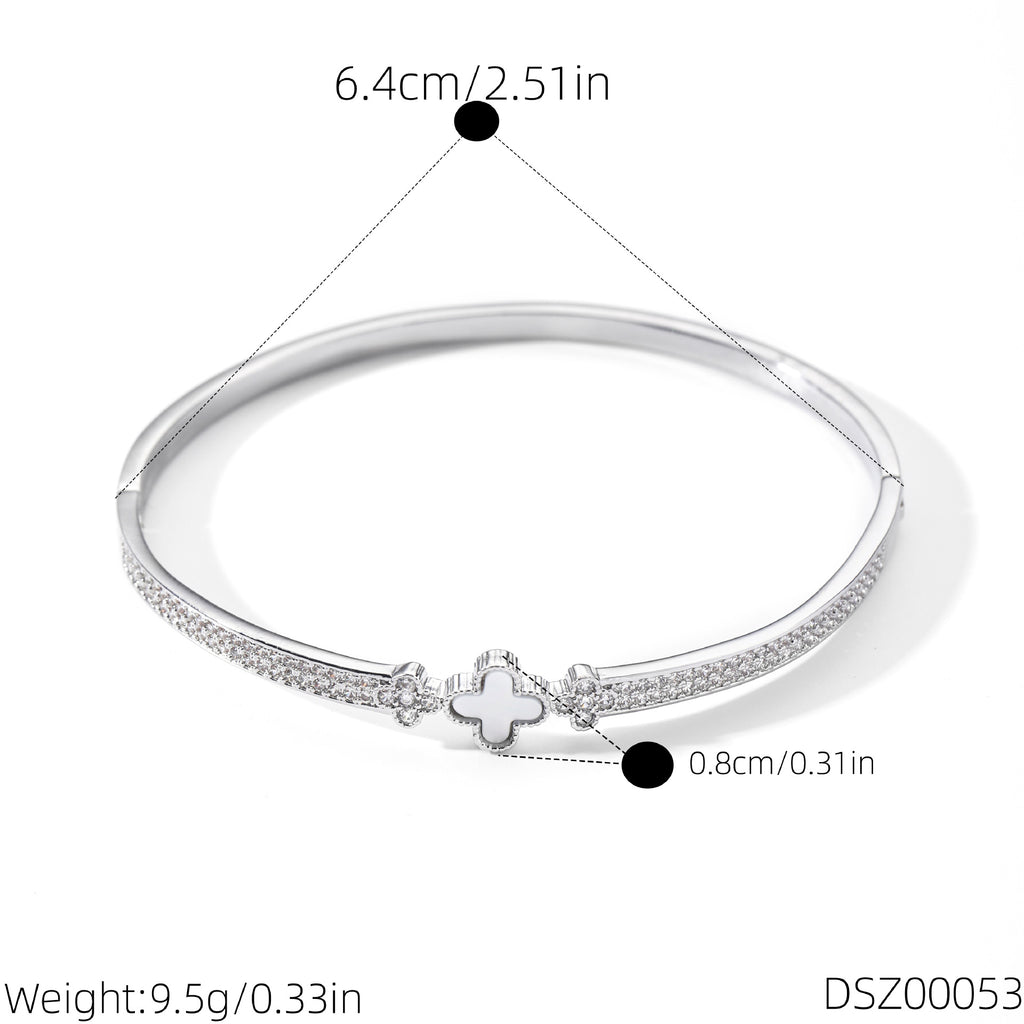 Hot Selling Four-Leaf Clover Cubic Zirconia Bangle, Minimal Luxury Niche Lucky Clover Bracelet, Elegant All-Match Daily Stackable Wrist Jewelry