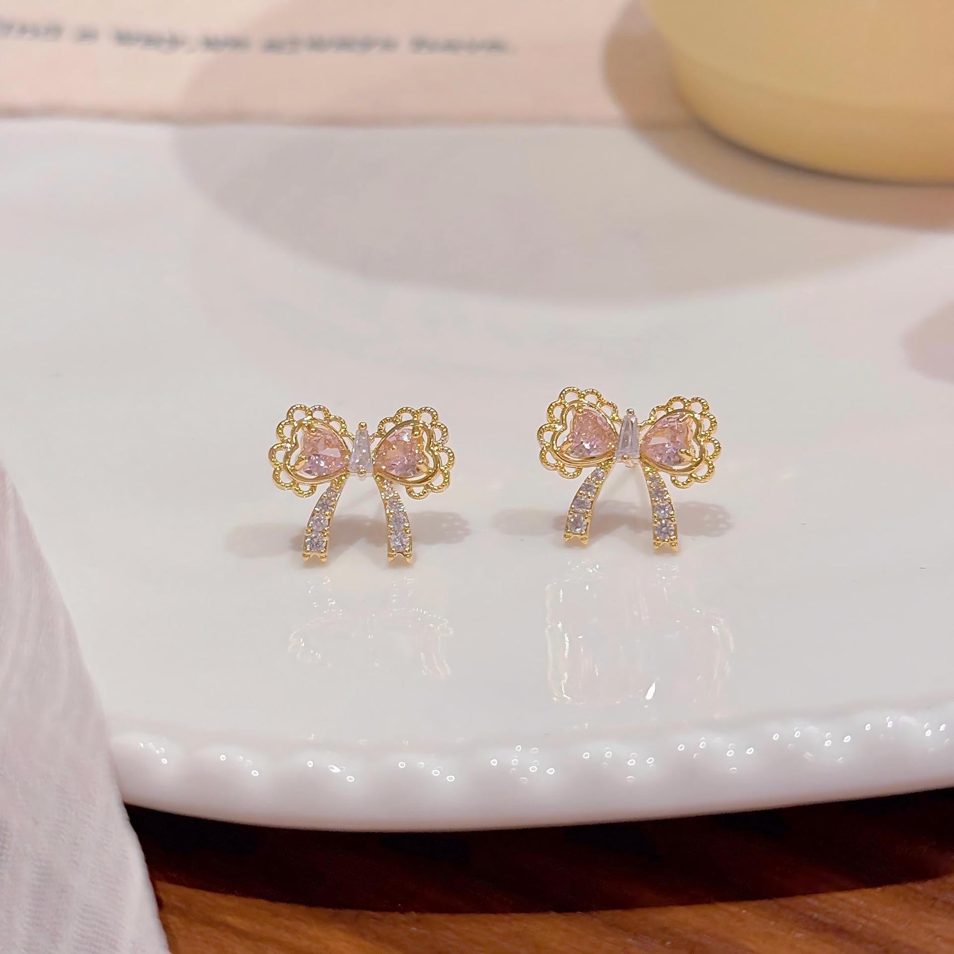 Bow Lace Edge Stud Earrings, 925 Silver Needle Luxury Delicate Earrings, Elegant New Year Fashion Jewelry