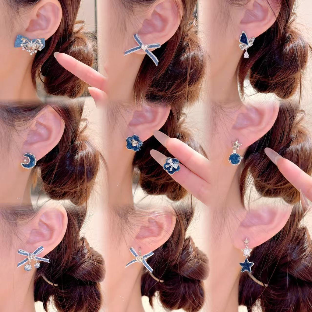 Autumn Winter Fashion Accessories Denim Bow Earrings Star Moon Earrings, Exquisite High-end Versatile Earrings & Matching Necklace Jewelry Set for Women