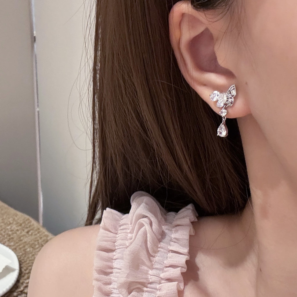 Moonlight Butterfly Water Drop Earrings, Luxury High Grade S925 Silver Needle Earrings, Exquisite Atmosphere Versatile Stud Earrings