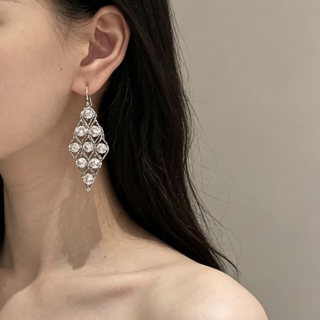 Cold Tone Rhombus S925 Silver Studs Luxury Elegant Women Earring