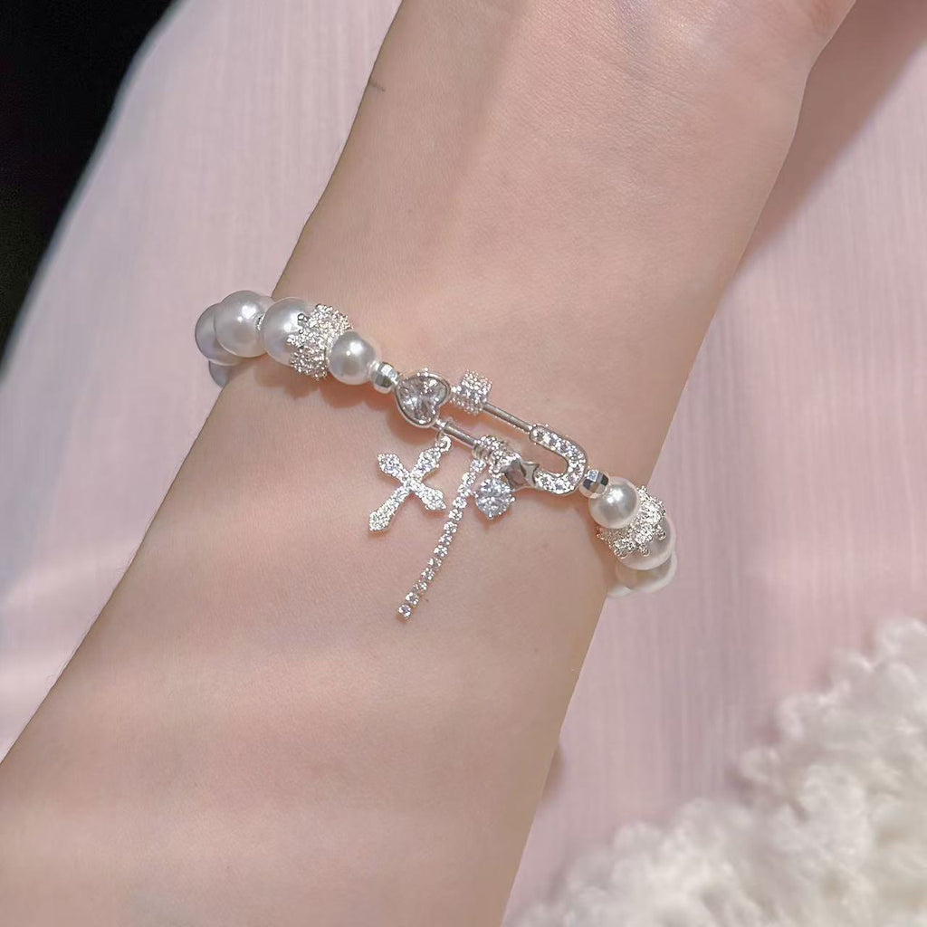 Paperclip & Cross Pearl Bracelet, Luxury Sweet Cool Versatile Women Daily Bracelet