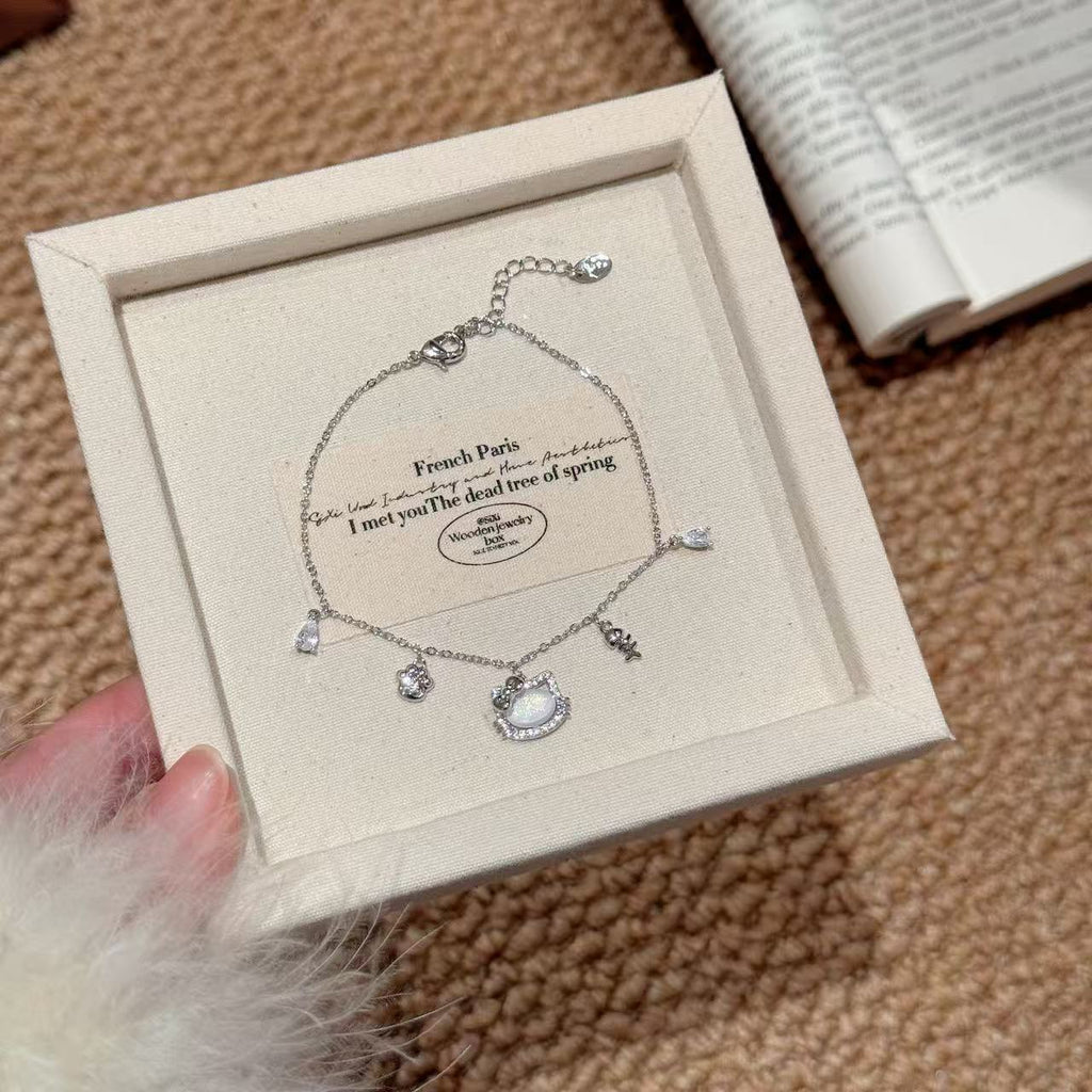 Cute Cat Charm Bracelet for Women, Dainty Korean Minimal Cubic Zirconia Bangle, Niche Luxury Sweet Daily Versatile Hand Jewelry