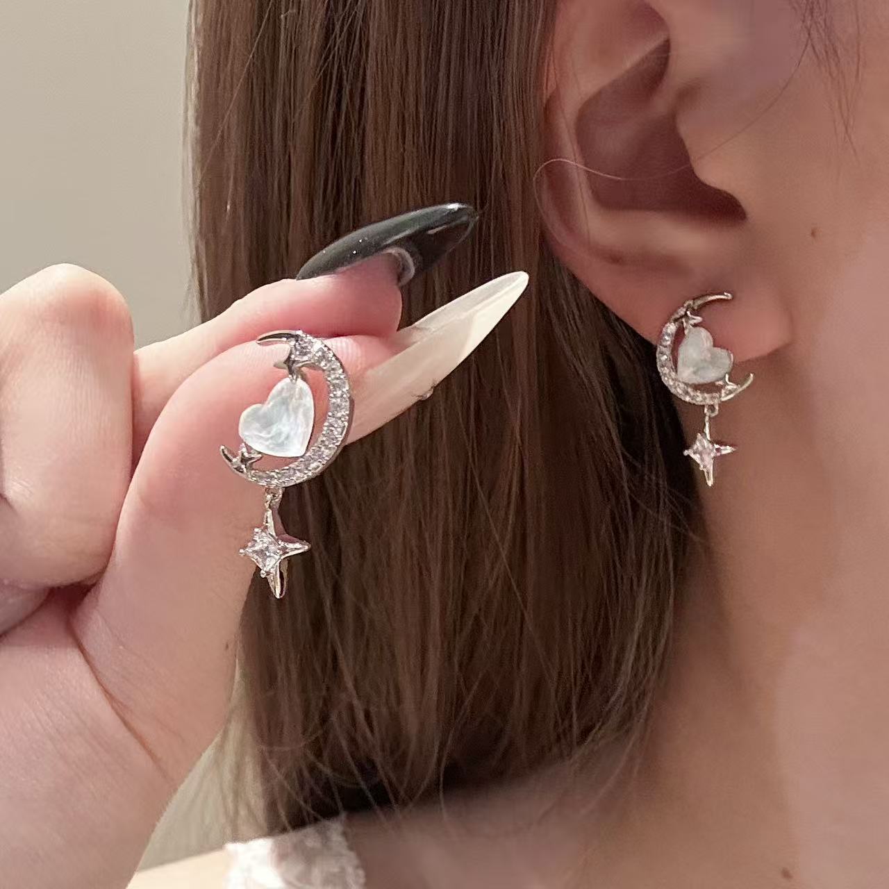 S925 Silver Fairy Moon Star Heart Earrings Luxury Ladies Daily Studs