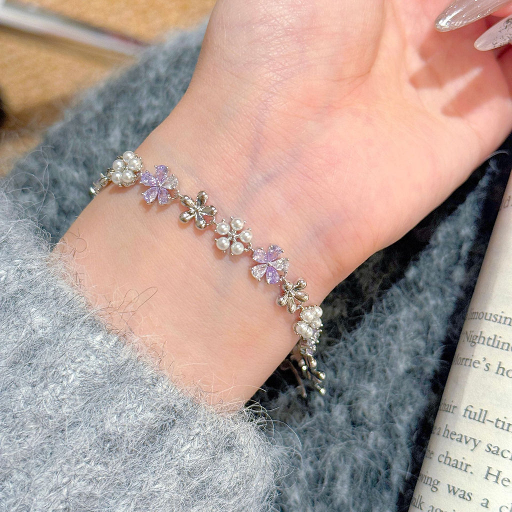 Purple Zircon Bracelet, Elegant Pearl Flower Bracelet, Luxury High-grade Delicate Hand Jewelry for Women