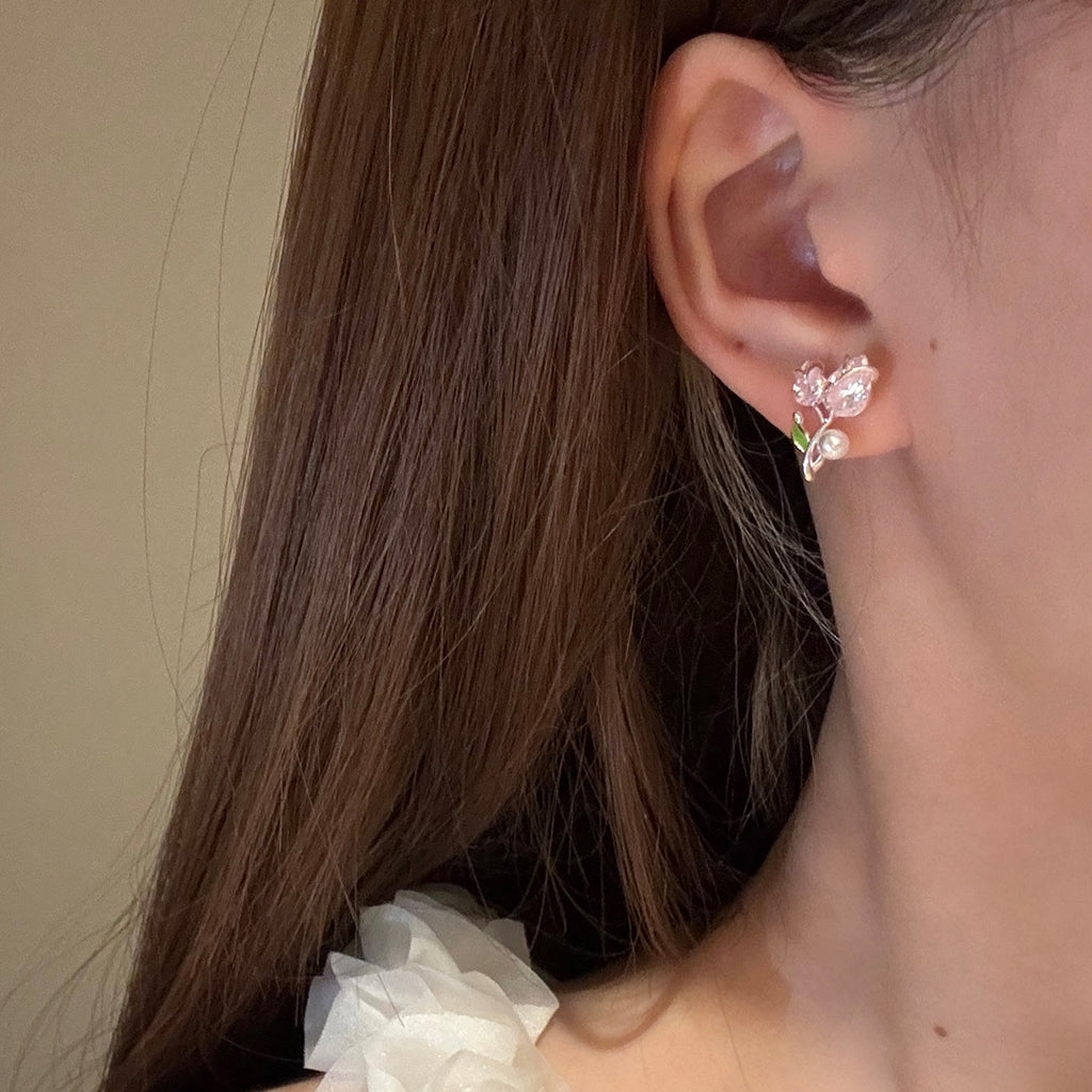 Tulip Pearl S925 Silver Earrings, Fresh Sweet Daily Girly Studs