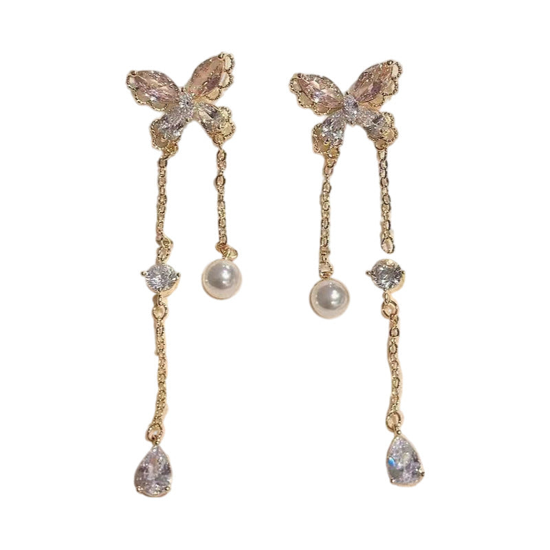 Custom Butterfly Pearl Tassel Drop Earrings, Luxury Niche S925 Sterling Silver Studs