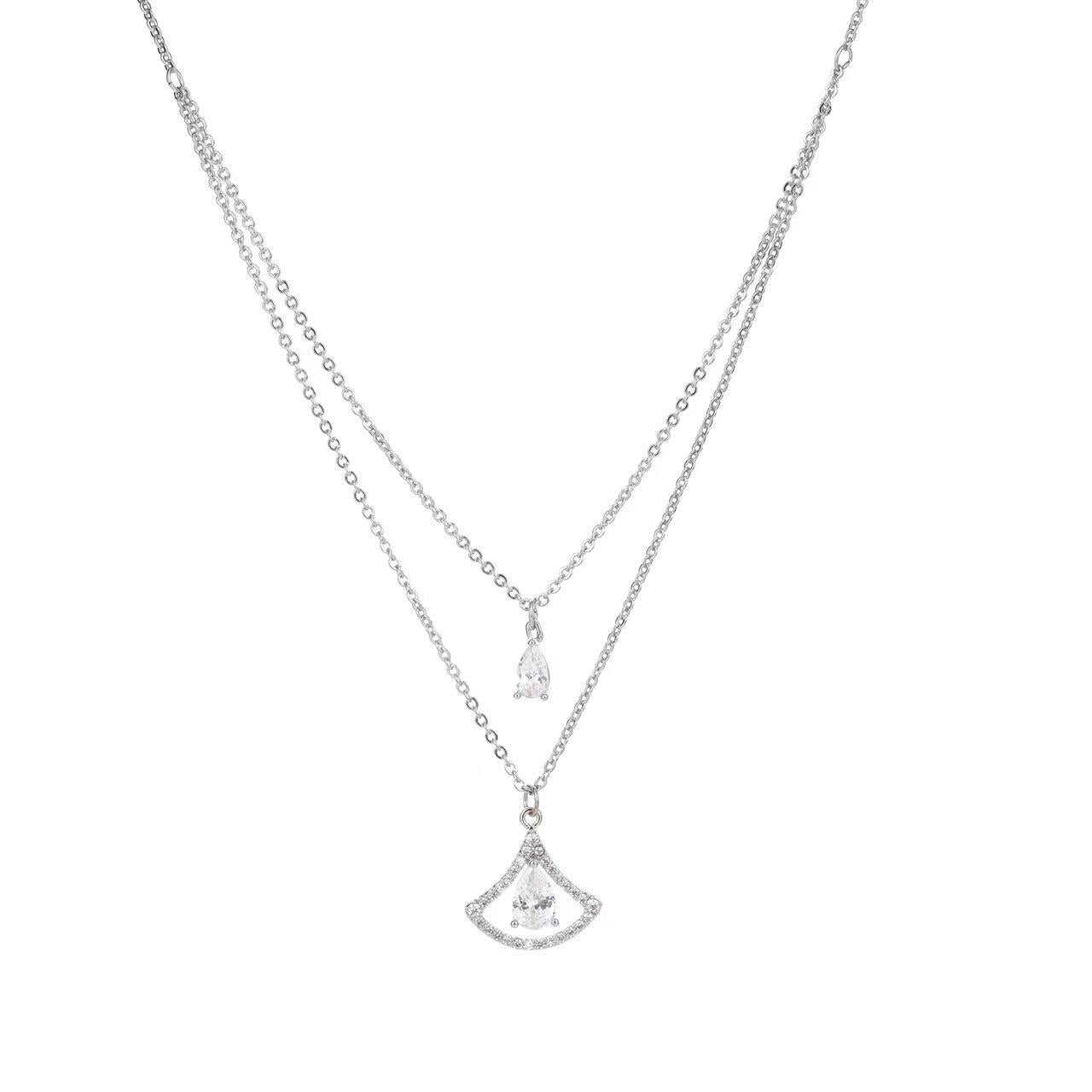 Double Layer Stackable Ginkgo Leaf & Teardrop Cubic Zirconia Clavicle Necklace, Minimalist Luxury Niche Design All-Match Dainty Choker Jewelry