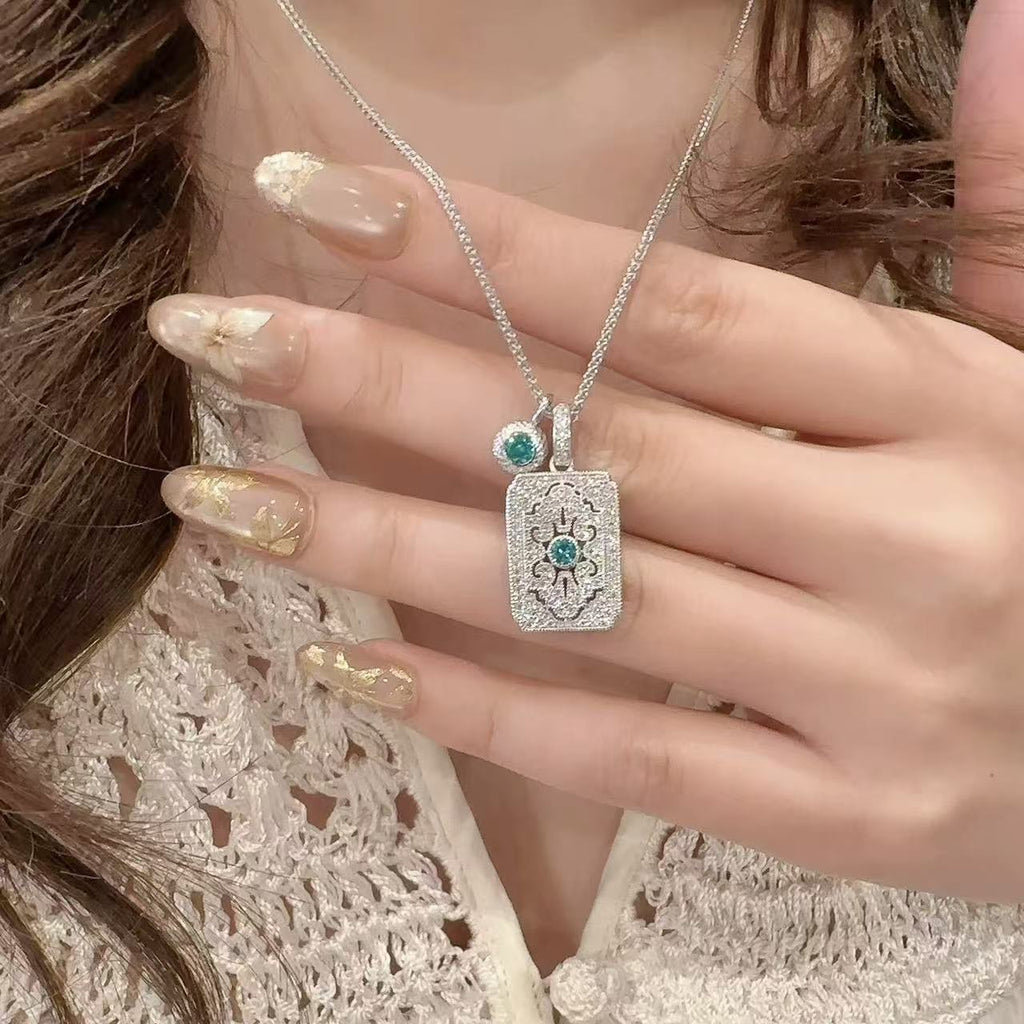 Square Plain Pendant Necklace with Shiny Zircon, Luxury Minimalist Geometric Clavicle Chain All-match Women Jewelry