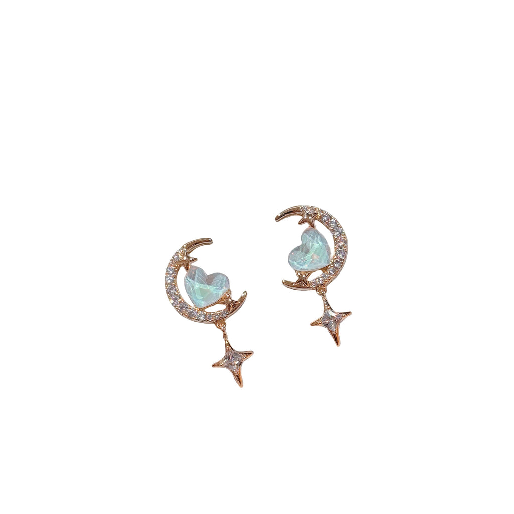 S925 Silver Fairy Moon Star Heart Earrings Luxury Ladies Daily Studs
