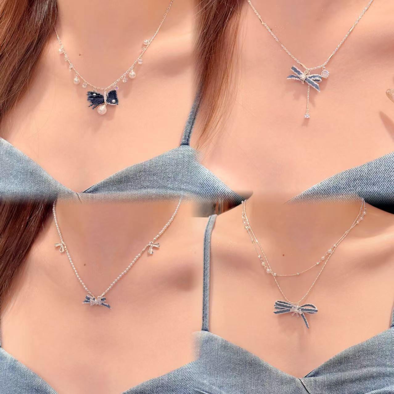 Autumn Winter Fashion Accessories Denim Bow Earrings Star Moon Earrings, Exquisite High-end Versatile Earrings & Matching Necklace Jewelry Set for Women