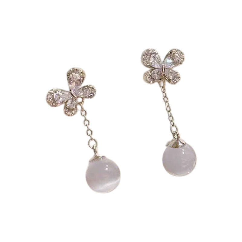Butterfly Tassel Cat's Eye Stone Drop Earrings, S925 Sterling Silver Posts, Luxury Dainty Elegant All-match Stud Earring