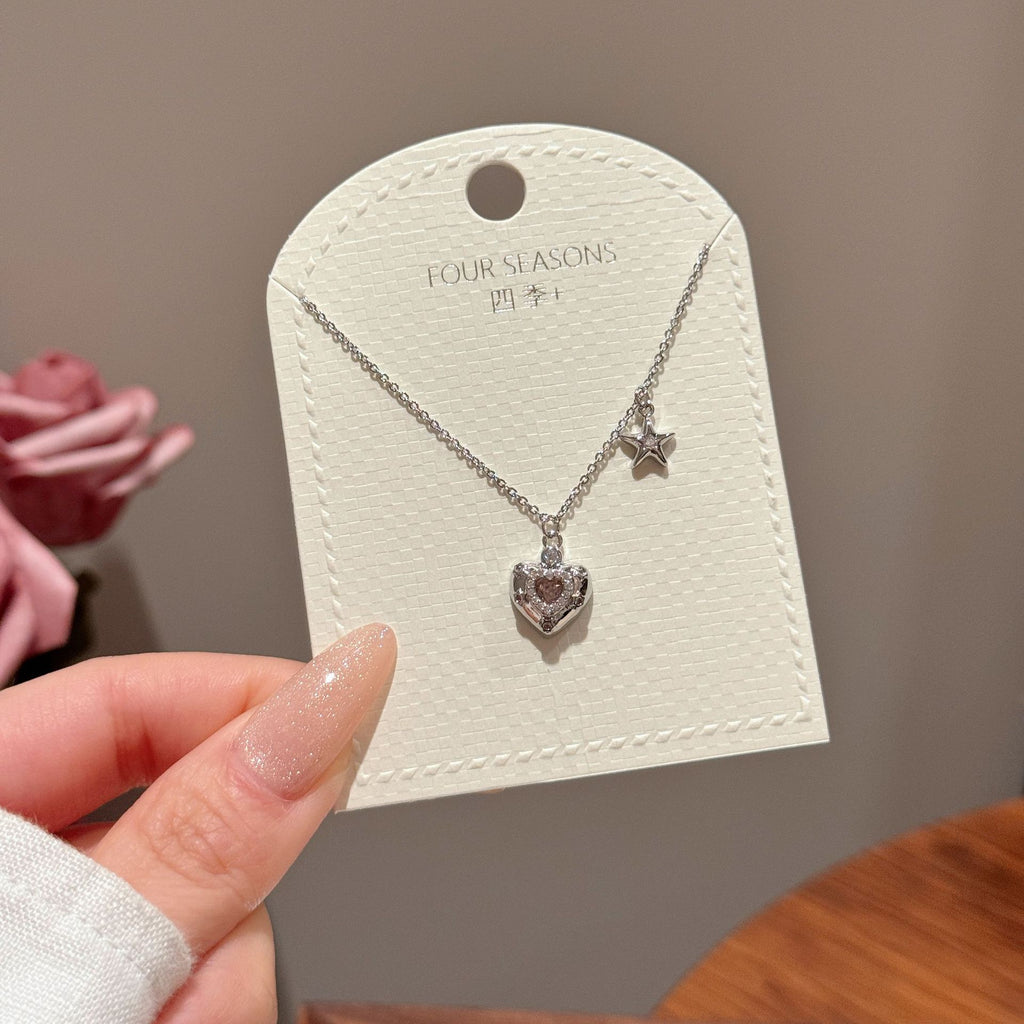 Red Zircon Heart Star Necklace, Elegant Trendy Daily Women Pendant Necklace