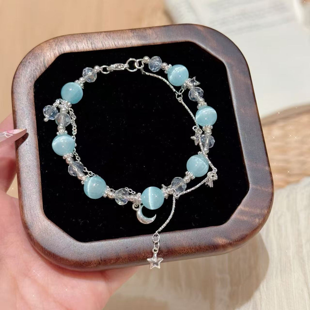 Aquamarine Cat's Eye Tassel Bracelet, Double Layer Stackable