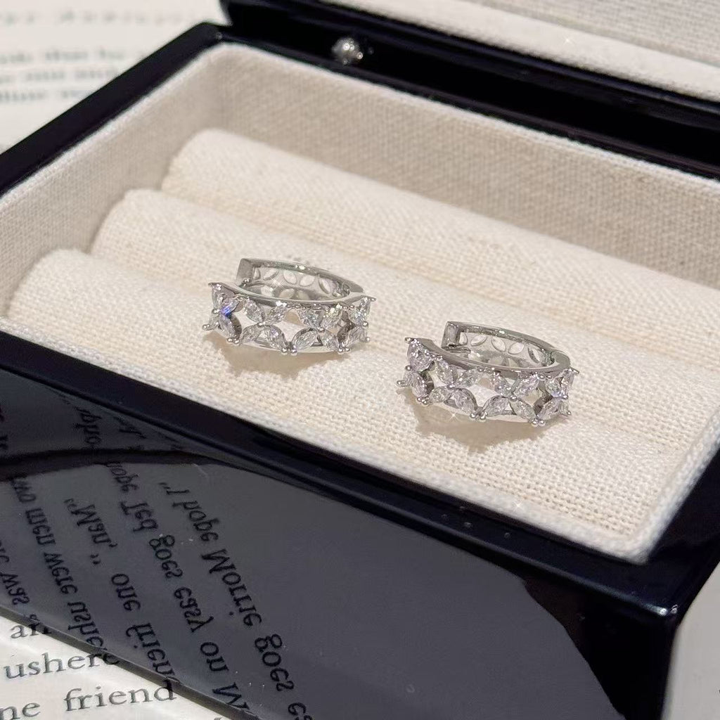 Open Hollow Four-Leaf  Full Paved Cubic Zirconia Huggie Earrings, Luxury Niche Designer Elegant All-Match Daily Ear Jewelry for Women