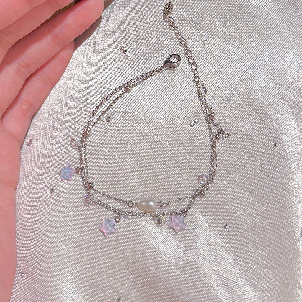 Iridescent Crystal Star Pearl Double Layer Bracelet, Luxury Niche Elegant Hand Jewelry, Delicate High Grade All-match Bracelet