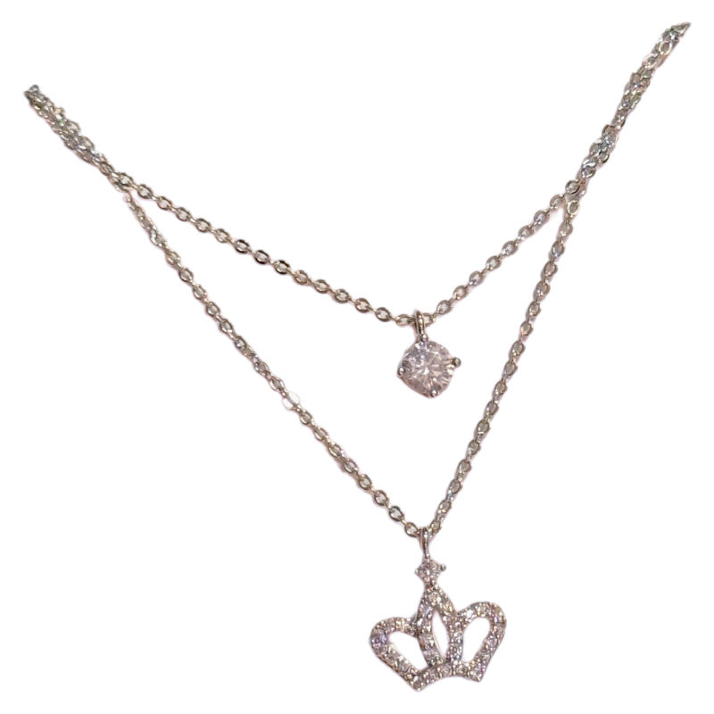Princess Style Shiny Crown Double Layer Necklace, Luxury Dainty All-match Clavicle Chain Elegant Daily Jewelry