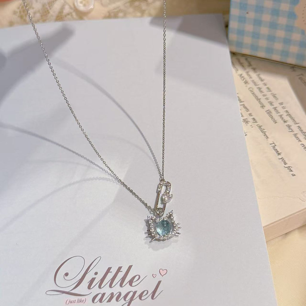 Cat Sea Blue Glass Necklace, Luxury Niche Pin Clavicle Chain, Cute Sweet Exquisite Temperament Pendant
