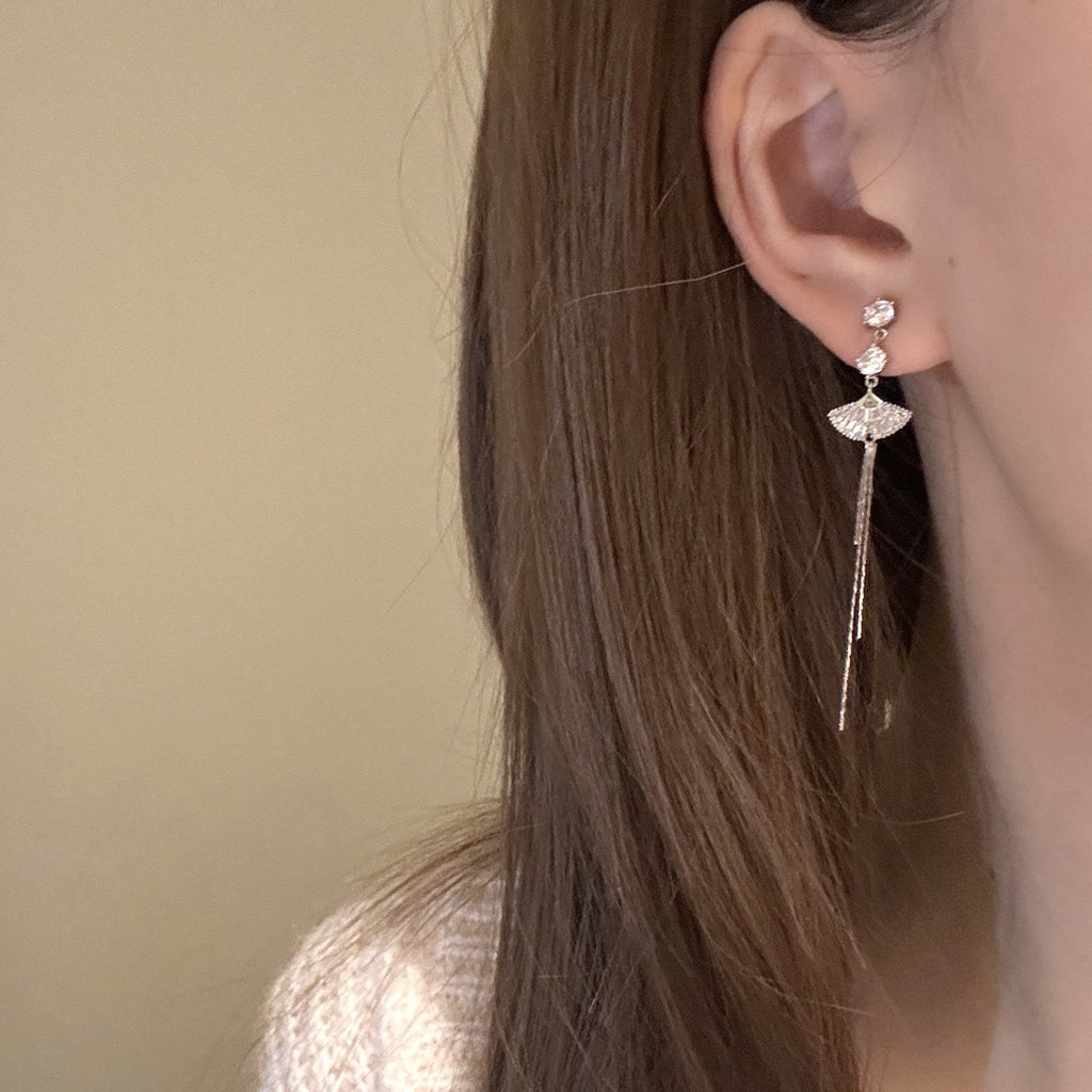 Aesthetic Fan Shape Tassel Drop Earrings, Luxury Dainty S925 Sterling Silver Post All-Match Elegant Women Ear Jewelry