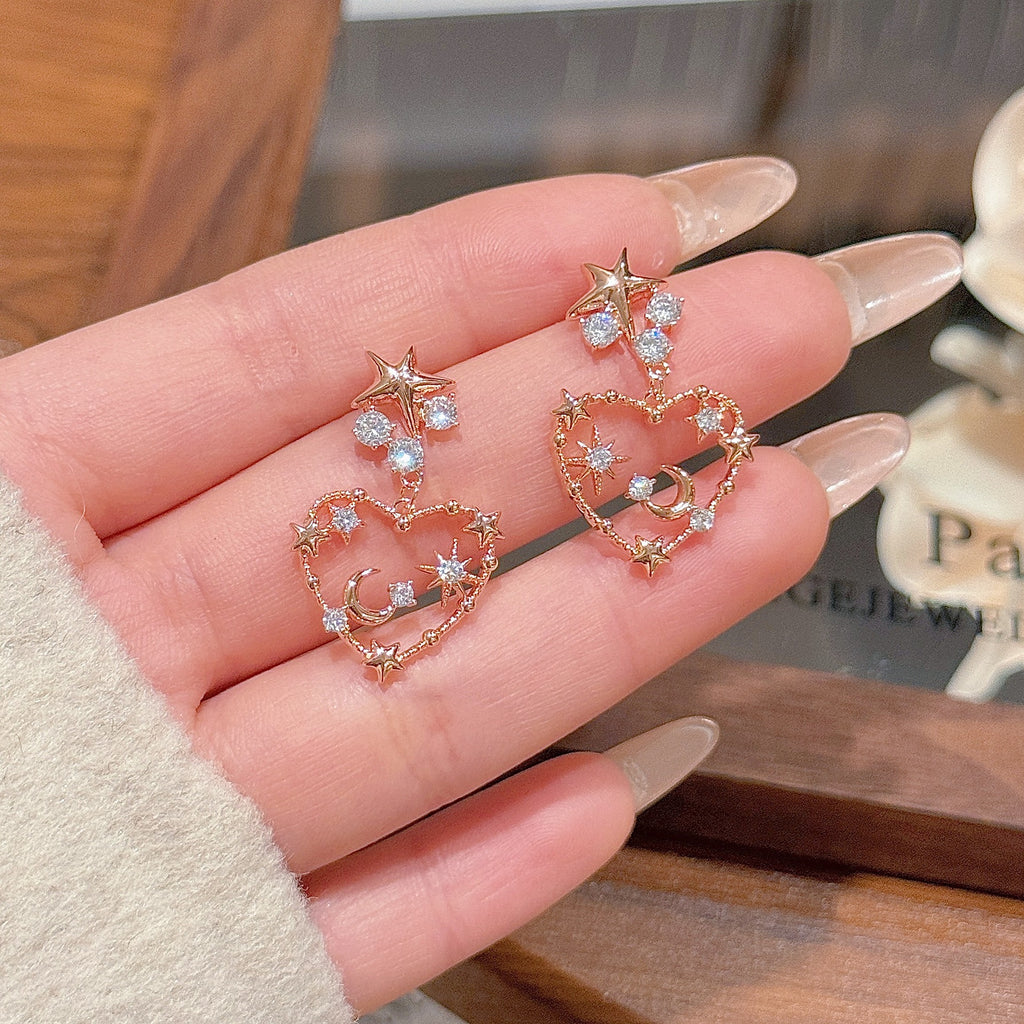 Sweet Heart Moon Cubic Zirconia Dangle Earrings, Minimal Fresh High-End Dainty Drop Ear Jewelry for Women Daily Commute