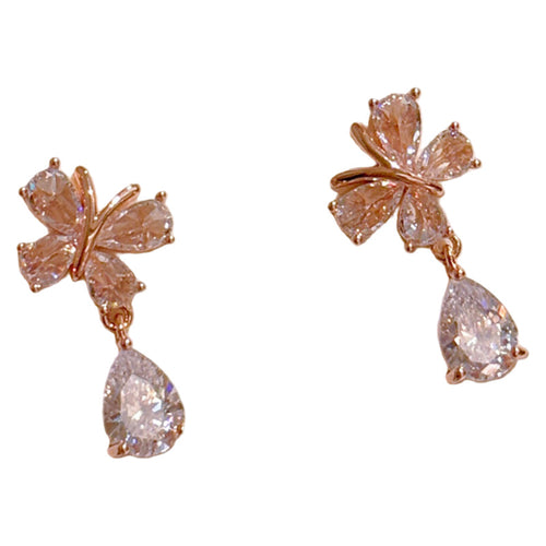 Butterfly Water Drop Dangle Earrings, S925 Sterling Silver Posts, Korean Style Luxury Dainty Elegant Drop Stud Earrings