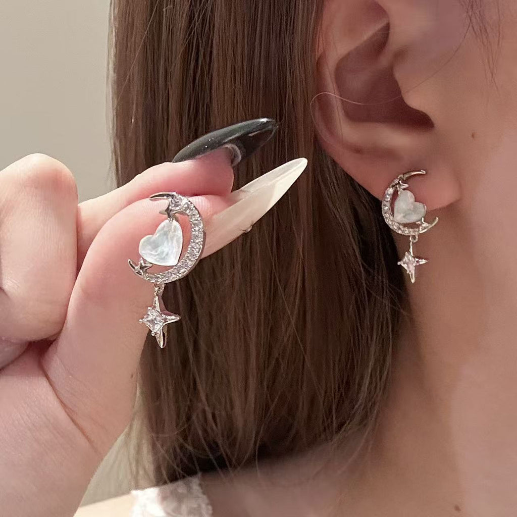 S925 Silver Fairy Moon Star Heart Earrings Luxury Ladies Daily Studs