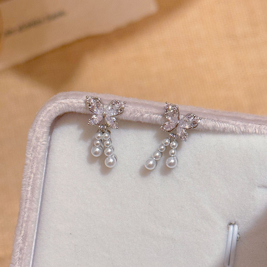 Butterfly Pearl Stud Earrings, S925 Sterling Silver Posts, Fresh Sweet Elegant Luxury Dainty All-match Earrings