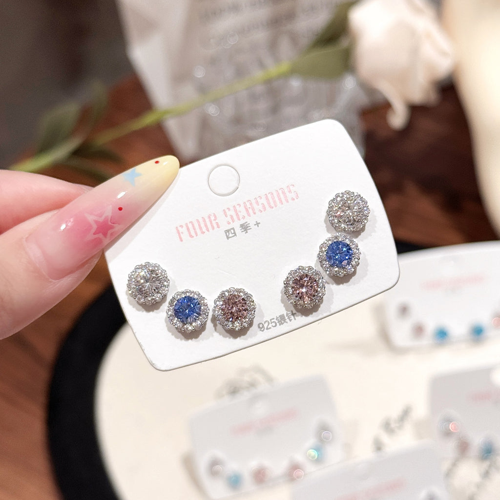 Women 3 Pairs Bling Bling Crystal Ear Studs Colorful Simple Style Silver Needle Ear Piercing Accessories Ear Healing Earrings Set