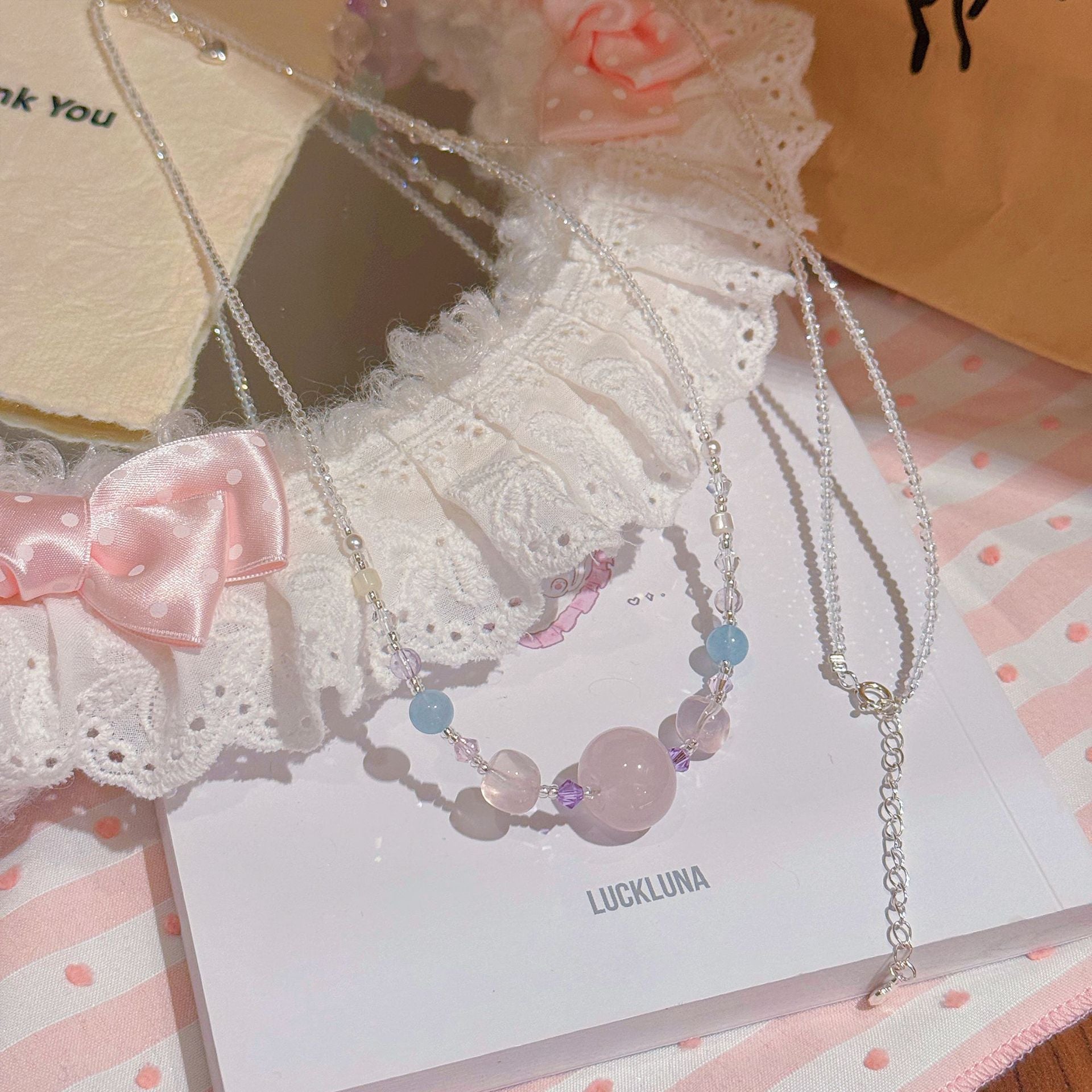 Beaded Pink Crystal Necklace, Luxury Niche Sweet Clavicle Chain, Elegant All-match Dainty Women Jewelry