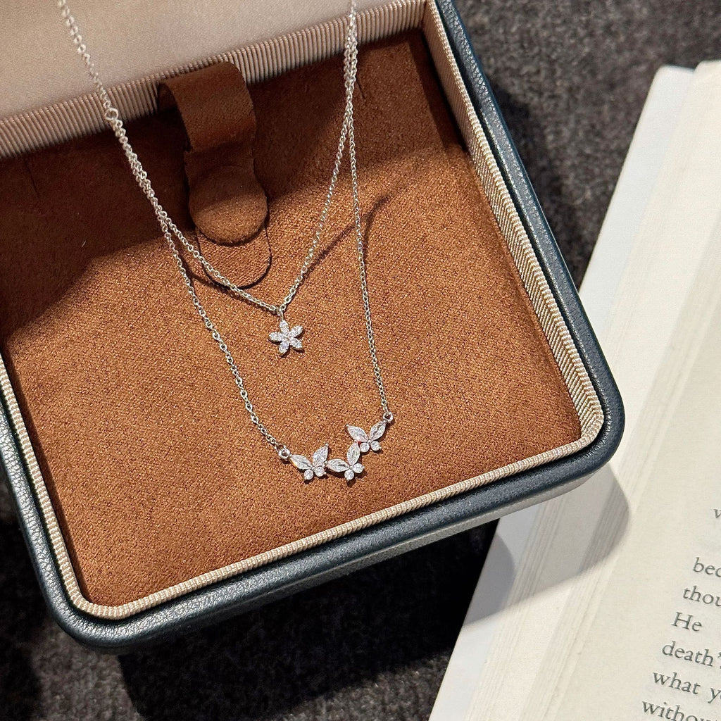 Double Layered Butterfly Flower Necklace Shiny Zircon Clavicle Chain Luxury Elegant All-match Fashion Jewelry for Women